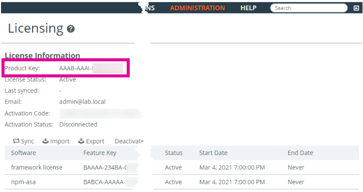 AppResponse Product Key, in the Licensing page