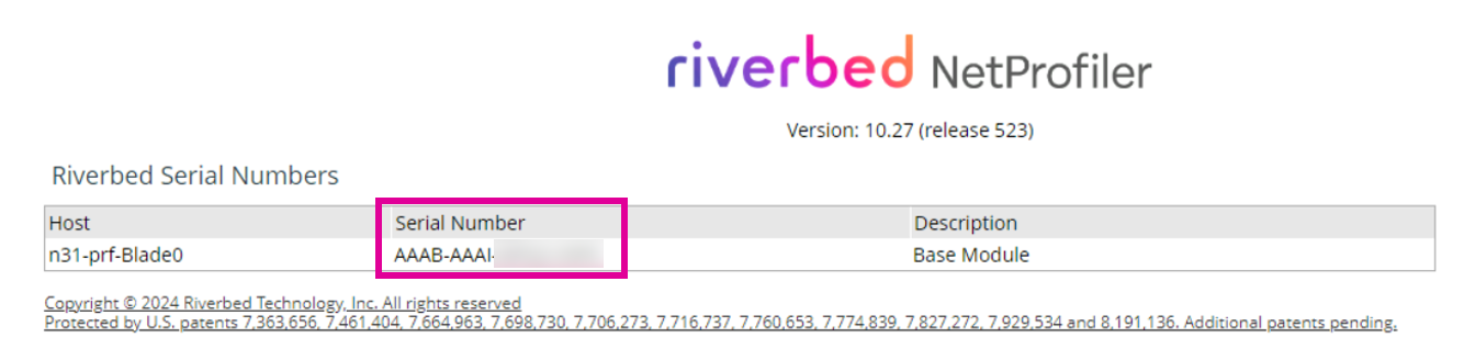 NetProfiler serial number in the About prompt