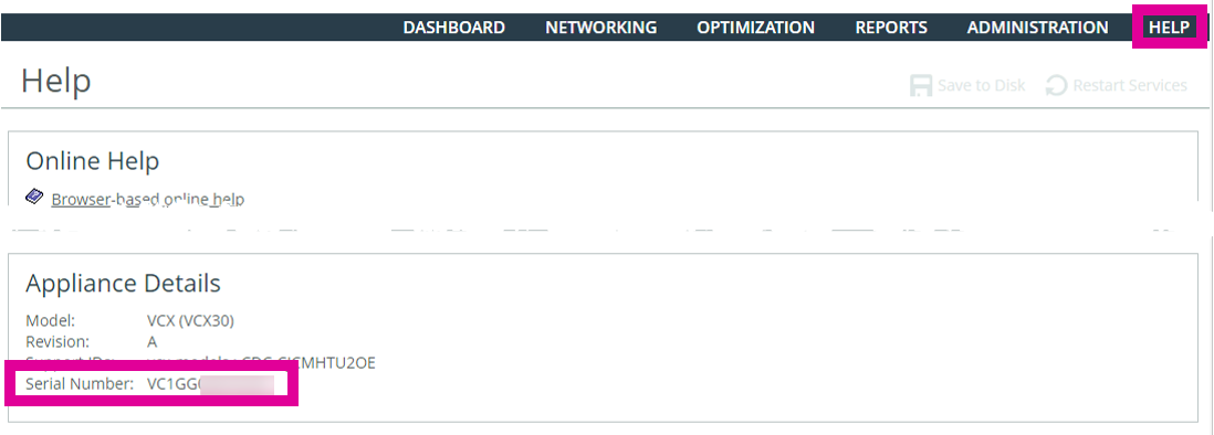 Find the Serial number of SteelHead solutions in the Help page